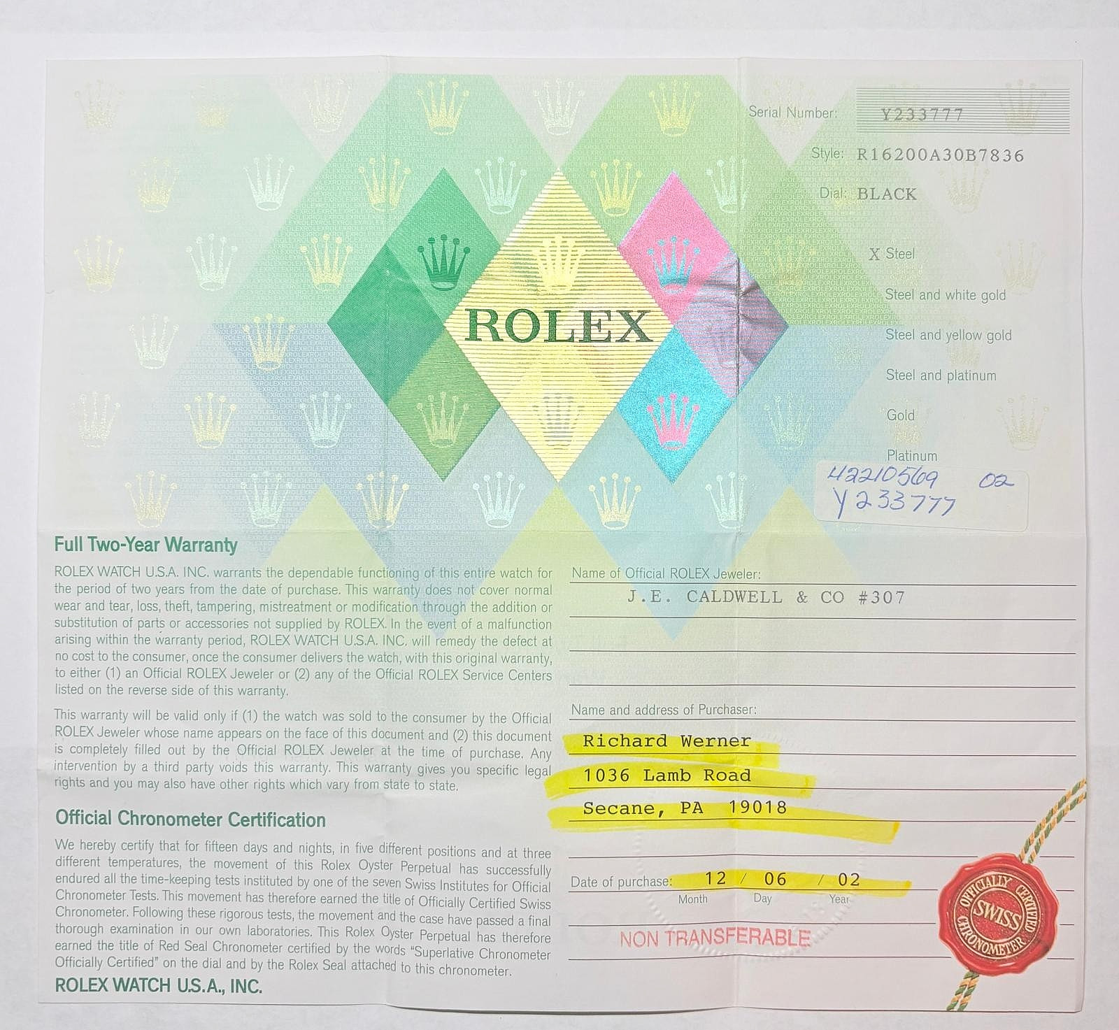 Authentic Rolex 16200 Datejust Warranty Certificate Guarantee 2000s Y Serial