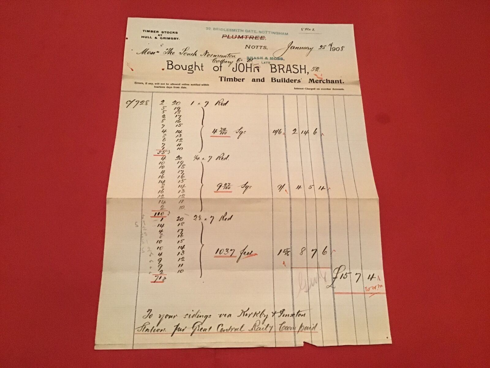John Brash Nottingham 1908 Timber & Builders Merchant receipt R35809
