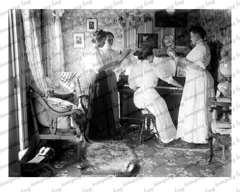 4 ladies singing at piano white blouses 8×10 photograph ca 1890s
