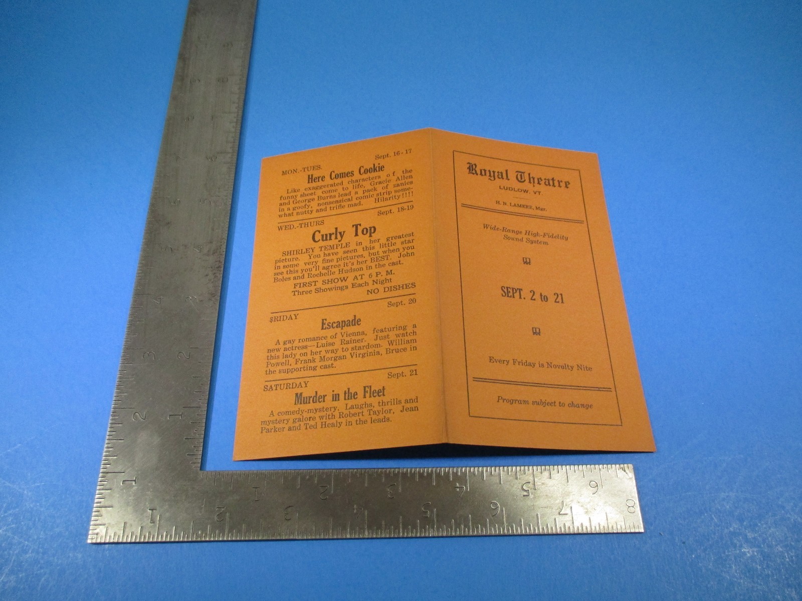 Vintage September 2nd Royal Theatre Ludlow Vermont Play Programs and Times S5735