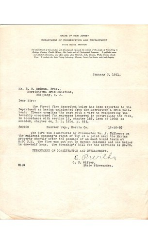 1921 NJ Conservation Letter Morristown & Erie Railroad Fire Claim; Forest Fire
