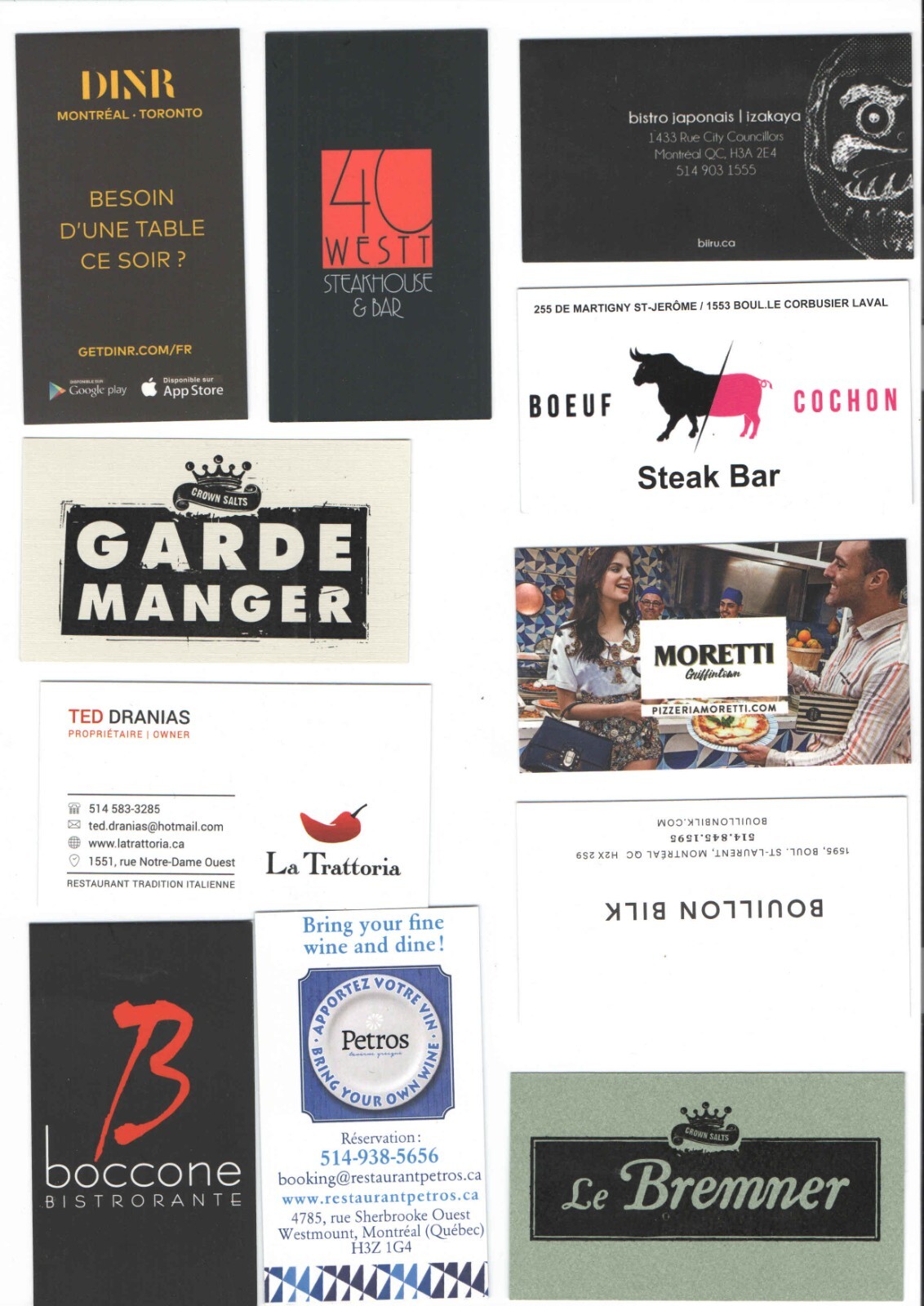 Montreal + AZ + FL + NV Restaurant Business Card Lot 50 different CARDS
