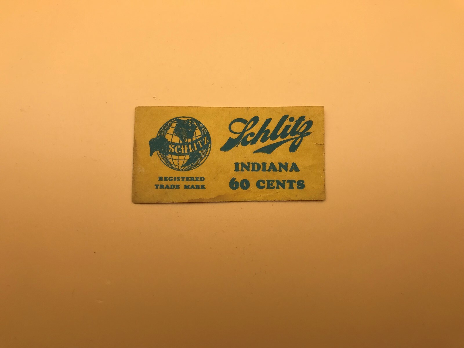 SCHLITZ Indiana 60 Cents Ticket Paper Unknown Globe Logo Beer Vintage HELP