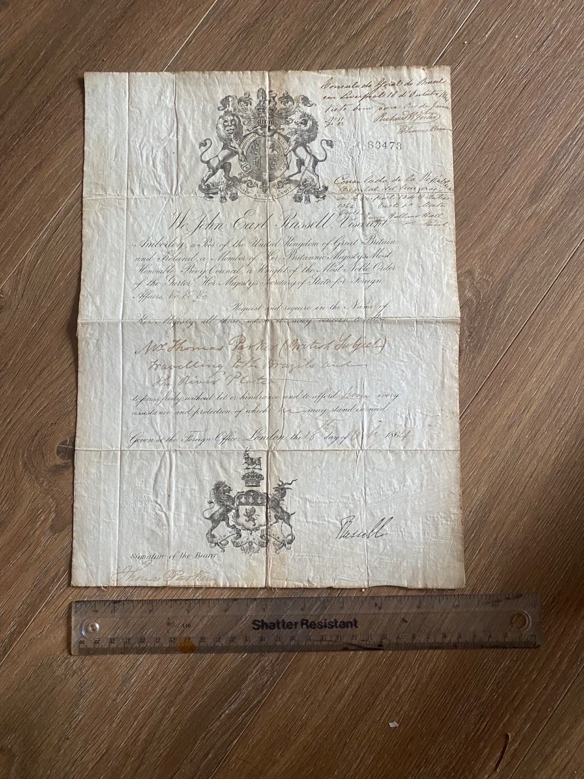BRAZIL INTEREST – 19TH CENTURY LICENSE TO TRAVEL TO BRAZIL AND RIVER PLATE 1864