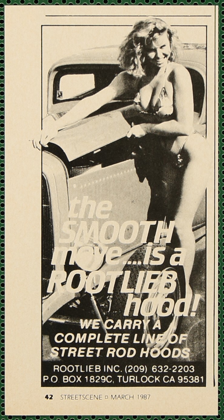 Rootlieb Street Rod Hoods Smooth Move Leggy Sexy Girl Vintage Print Ad 1987