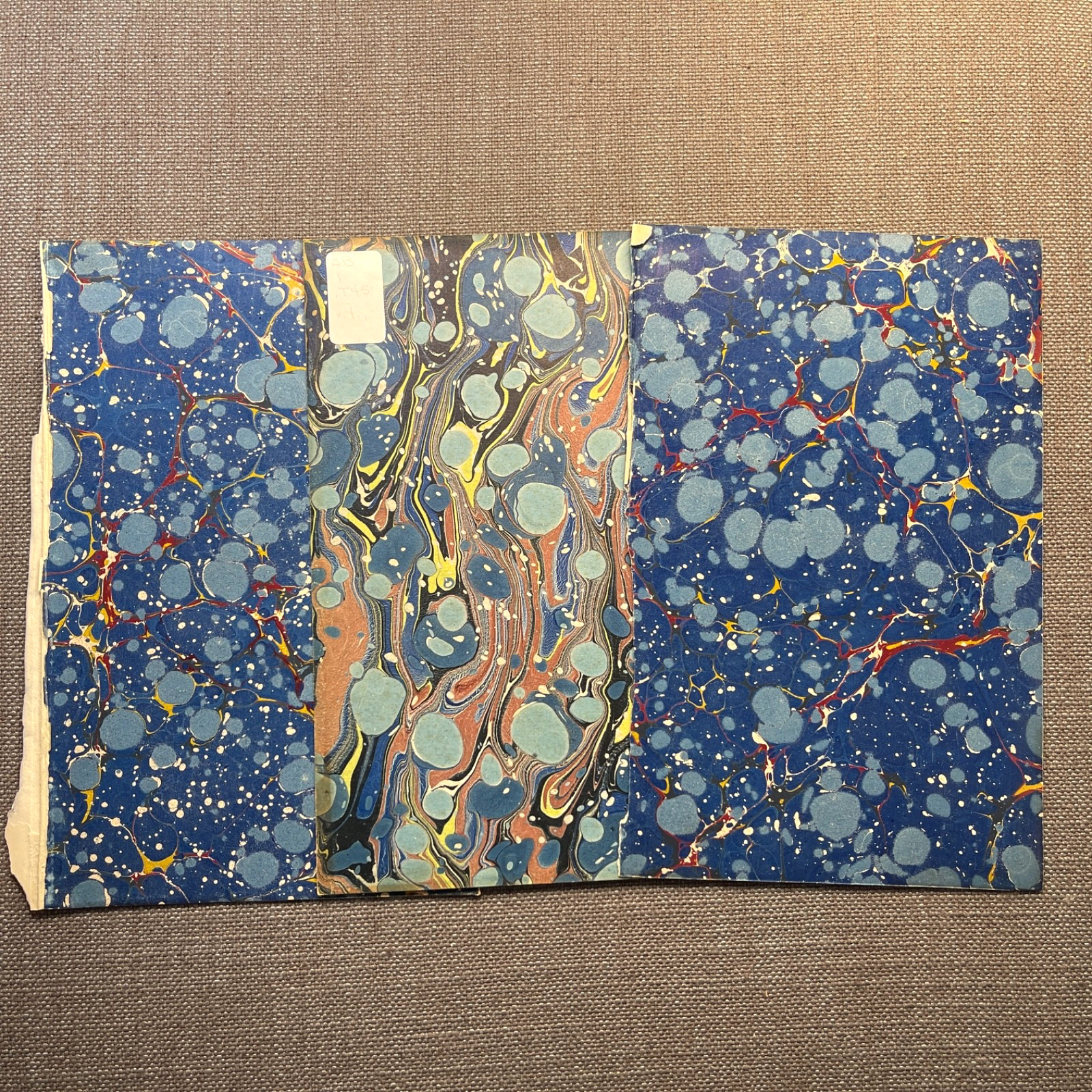 Antique Marbled End Papers Bookbinding Blue Yellow Red Lot of 3