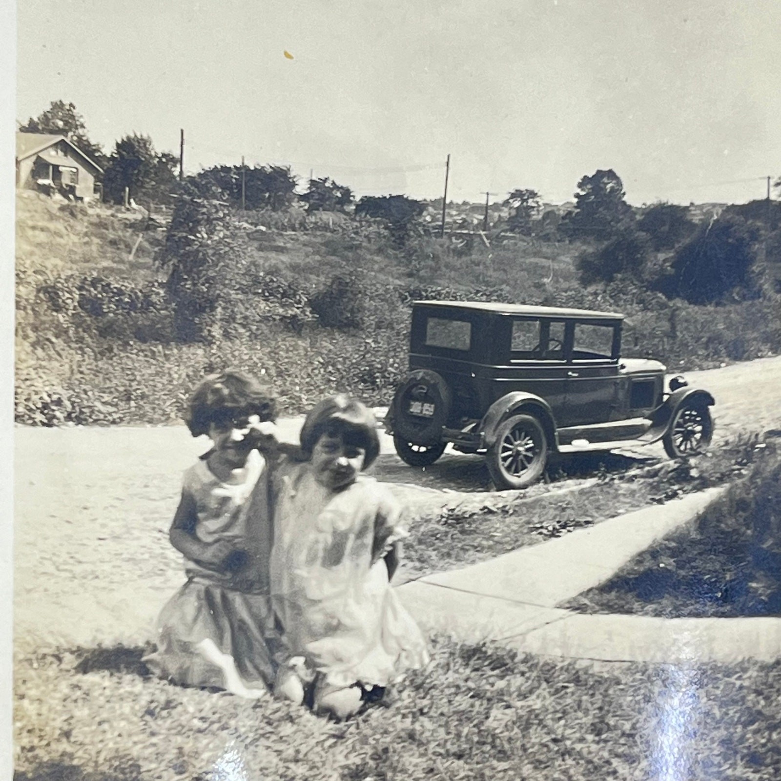 1930 Photograph Young Girls Posing in Front of Ford Model T Automobile 4×5” SC6
