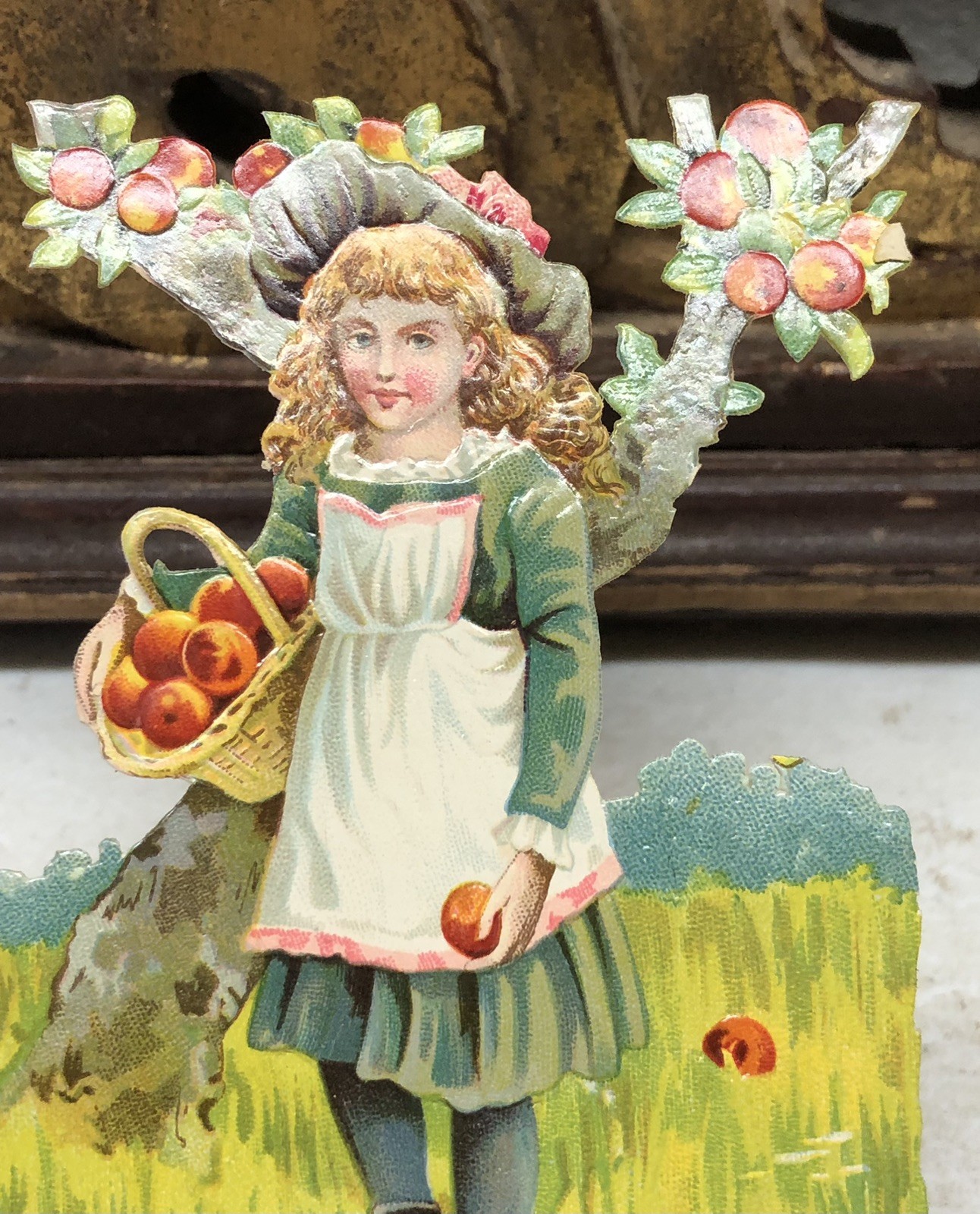 AUTUMN Girl w/ Basket of Fruit Die Cut Victorian Scrap – L4