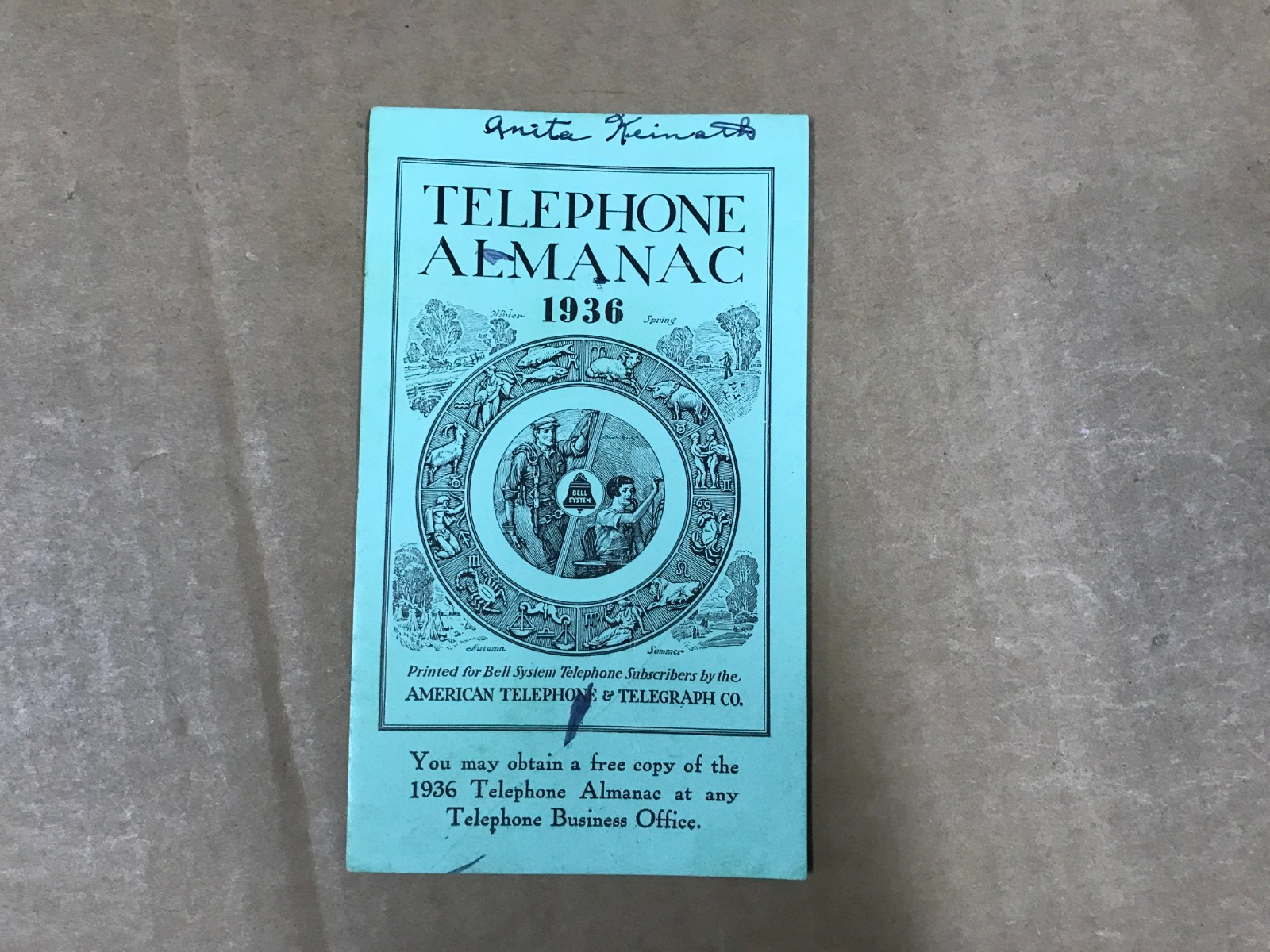 Vintage 1936 Telephone Almanac Mail Card