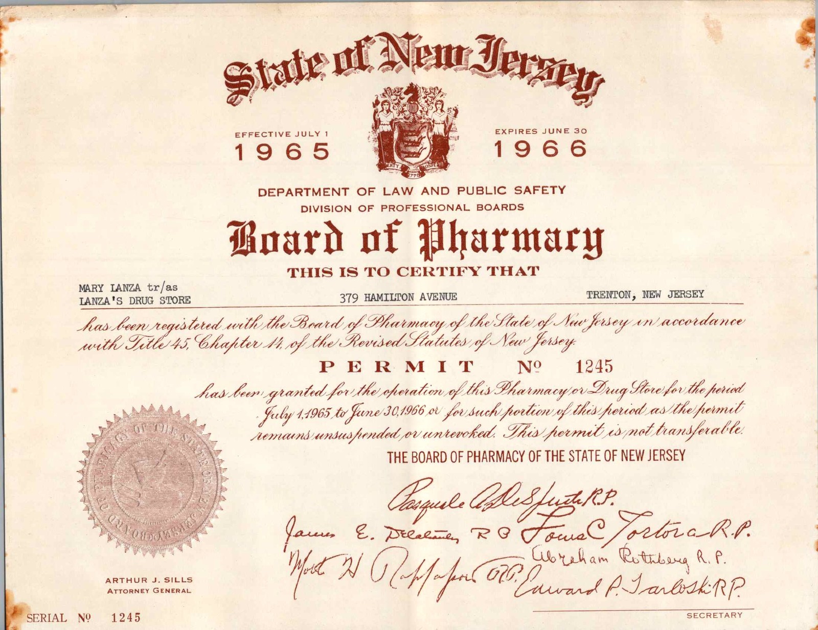 New Jersey 1965 Pharmacy Permit Embossed State Seal License Paper