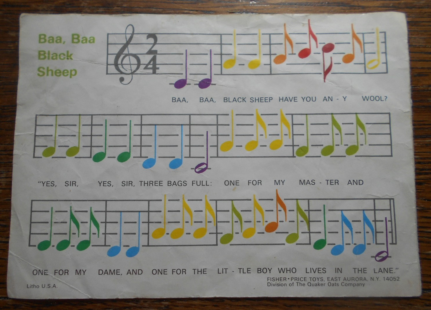 VINTAGE – SONG SHEET FOR ” FISHER PRICE ” PULL-A-TUNE XYLOPHONE –