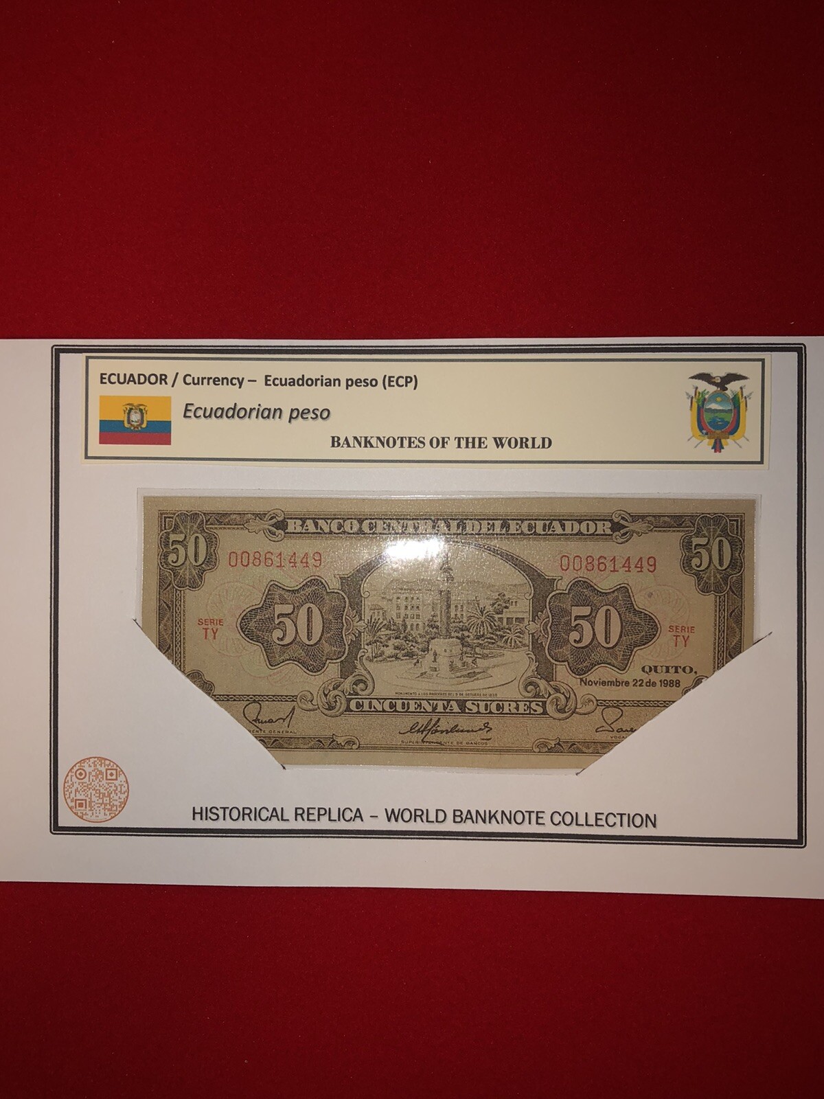 ECUADOR / LAMMINATED HISTORICAL REPLICA SOUVENIR PRINT – 50 ECUADORIAN PESO NOTE