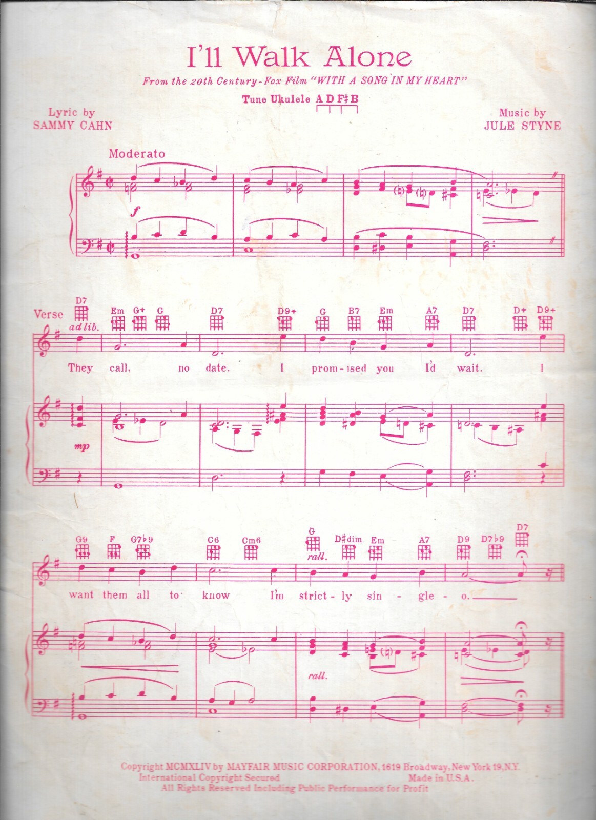 1944 I’LL WALK ALONE Sheet Music WITH A GONG IN MY HEART Sammy Cahn & Jule Styne