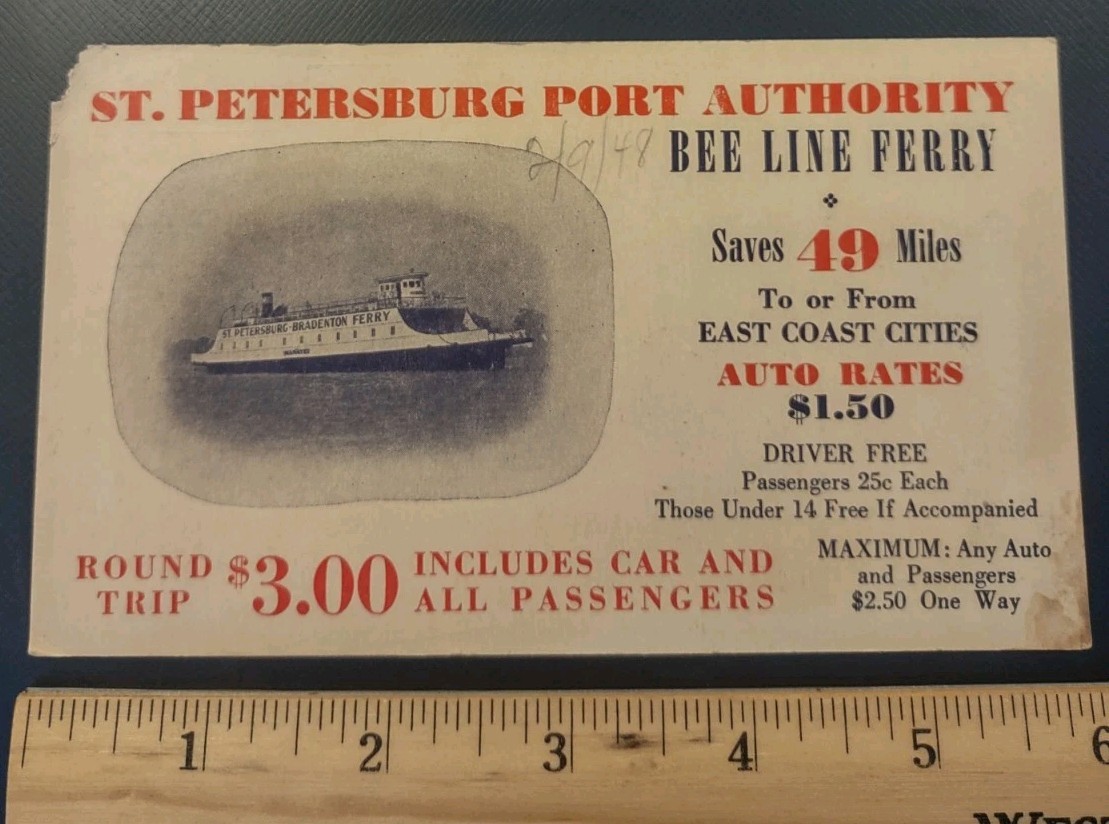 1947 St Petersburg Port Bee Line Ferry Winter Schedule Advertising Card