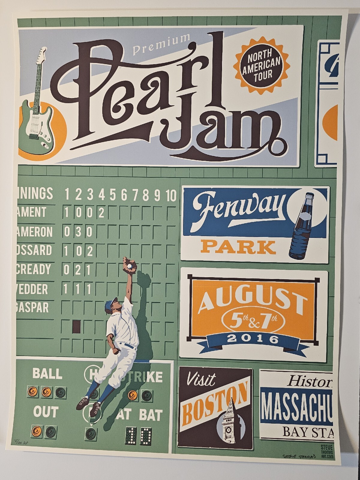 Pearl Jam Boston 2016 Steve Thomas VARIANT Poster Signed Print Fenway The Catch