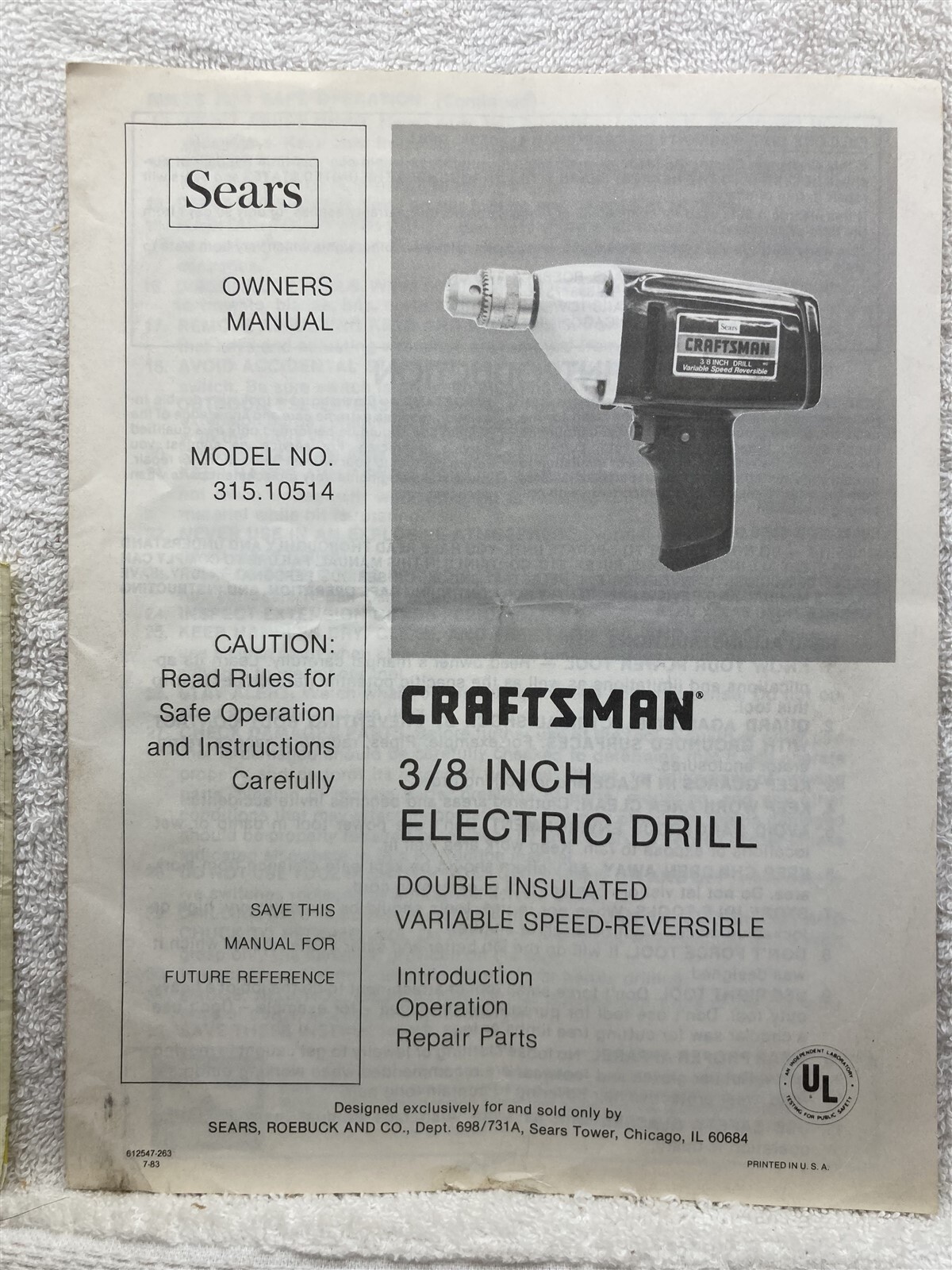 1983 Sears Craftsman 3/8 Inch Drill 315.10514 Owners Manual Guide Vtg