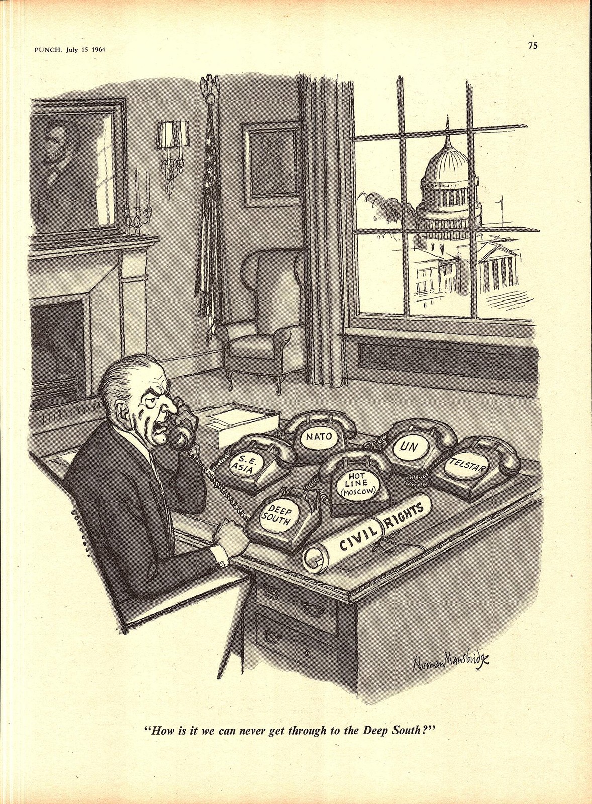 Original 1964 Punch Cartoon Print LBJ “Can Never Get through to the Deep South”