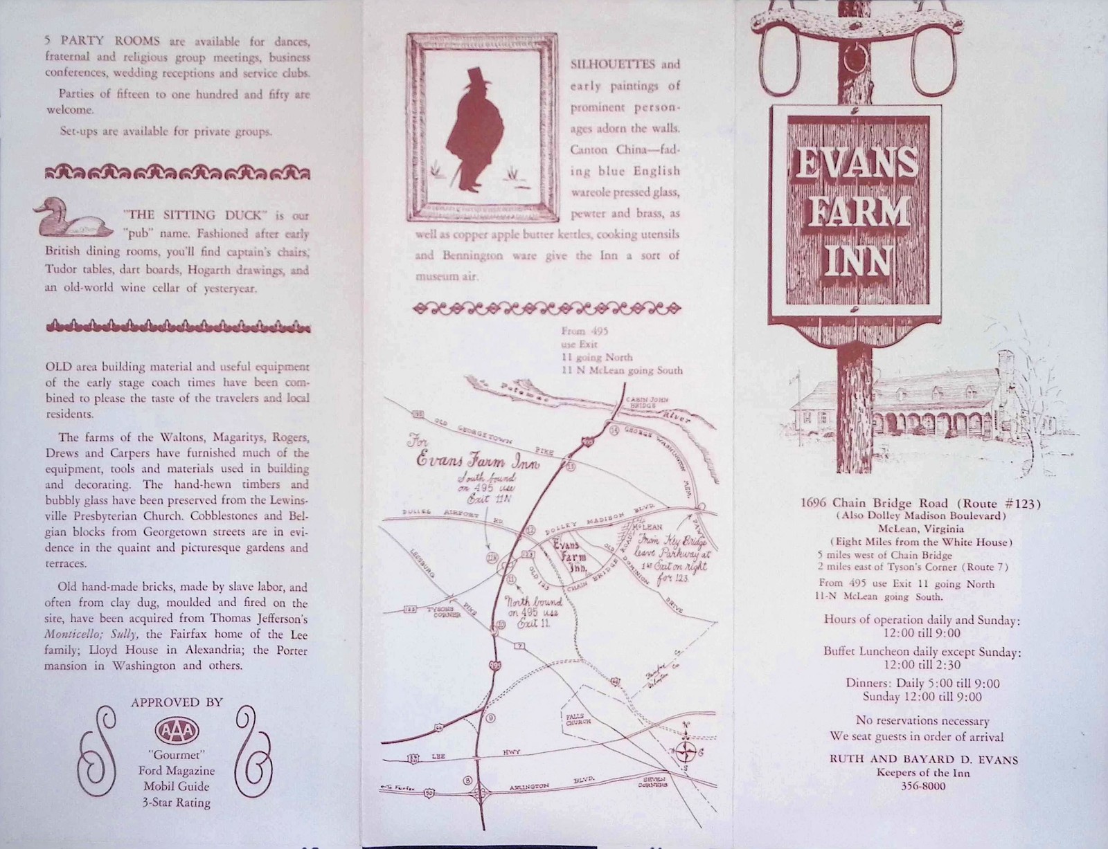 Evans Farm Inn McLean VA Tri-Fold Brochure c1950s Colonial Dining