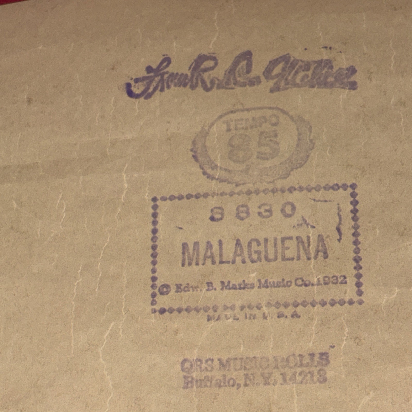 QRS Instrumental Lecuona MALAGUENA Frank Milne 8830 Original Player Piano Roll