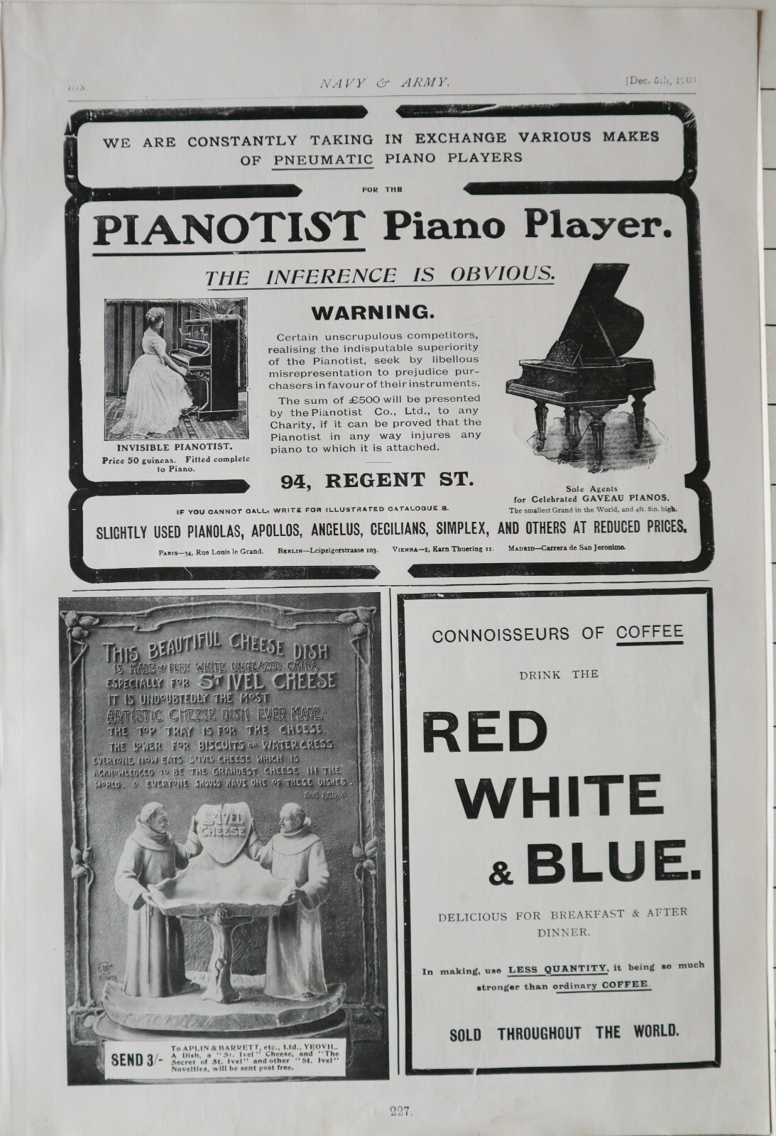 1903 PRINT ADVERT ADVERTISEMENT ST IVEL CHEESE – RED WHITE & BLUE COFFEE –