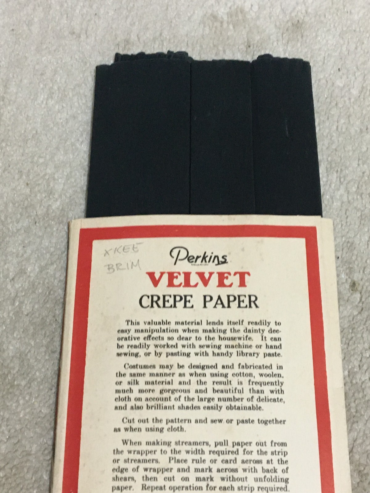 Vintage c1930’s VELVET brand Crepe Paper by PERKINS #103 Black 9 feet x 20″
