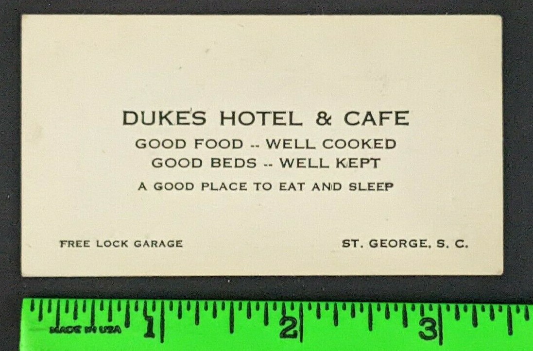 Vintage 1900s Duke’s Hotel & Cafe Grouch Smile Image Business Card St George SC