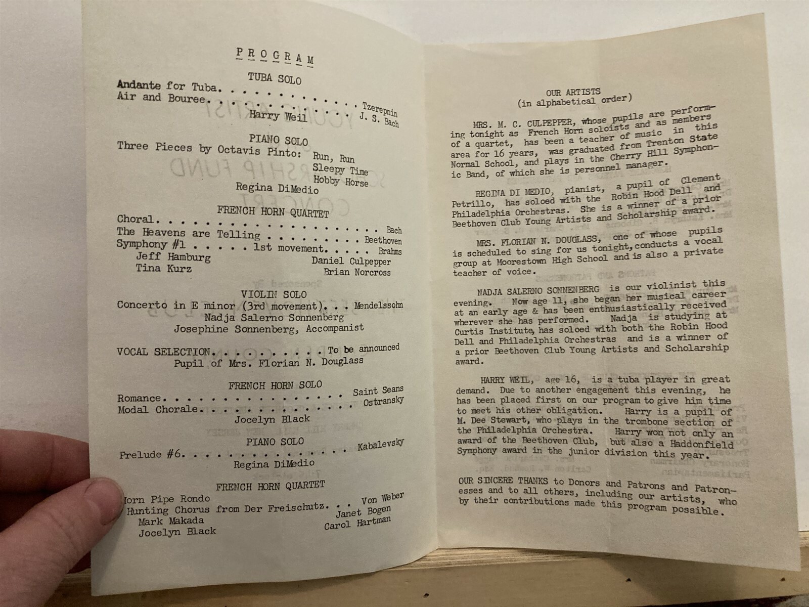 1972 Beethoven Club of Camden Cherry Hill Mall Concert Program New Jersey NJ Vtg