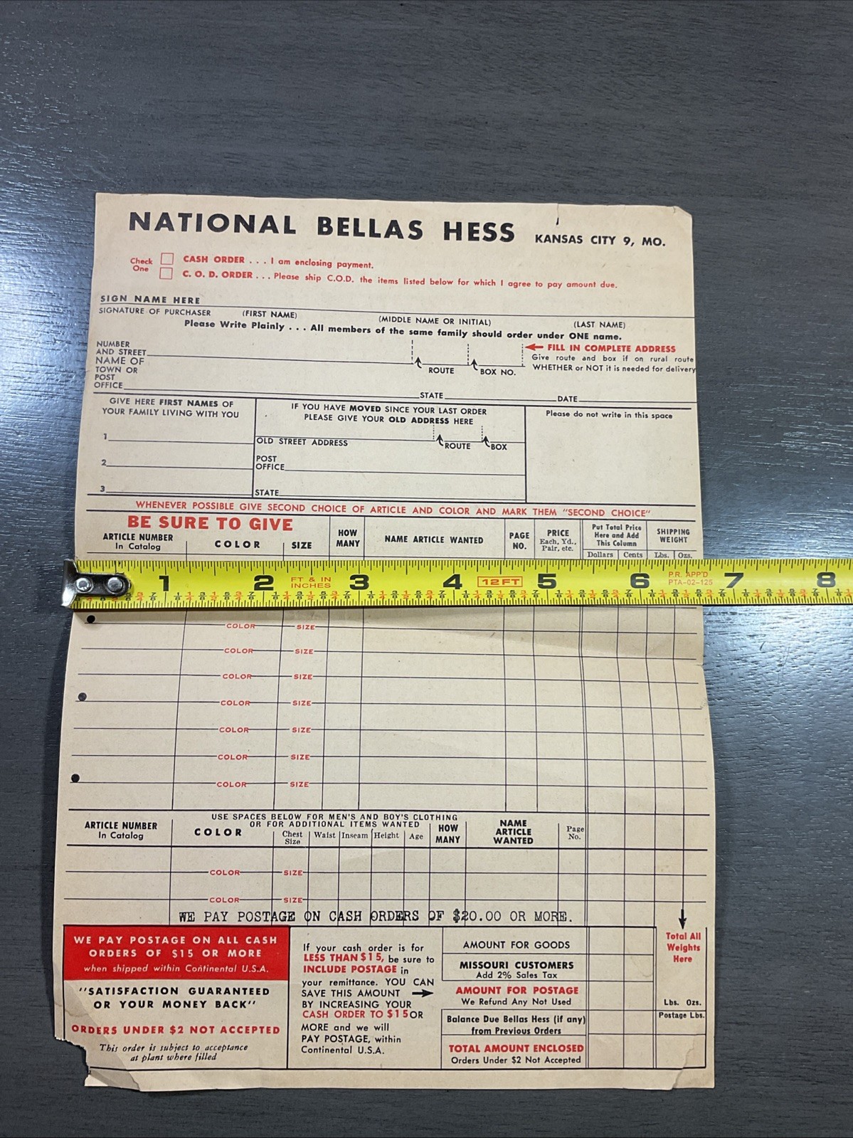 Vintage National Bellas Hess Clothing Order Form Kansas City Missouri B44