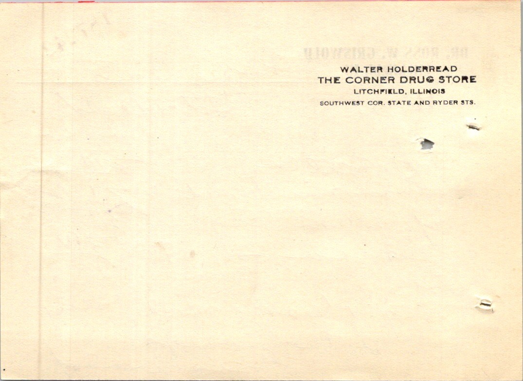 1918 Flu Era Prescription Dr. Ross W. Griswold Litchfield IL Medical