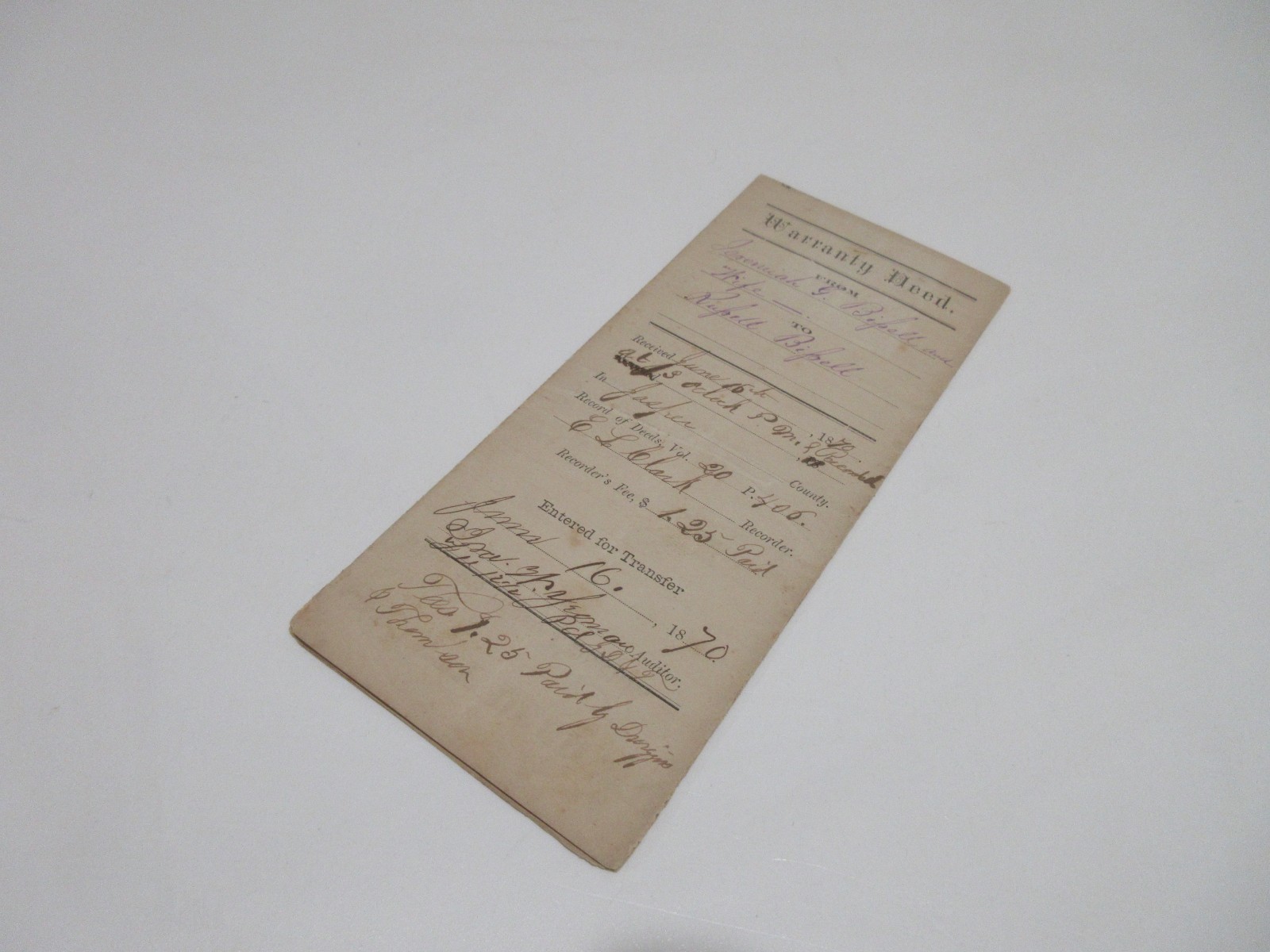 Antique 1870 Warranty Deed With Dower ONE DOLLAR Ohio Bipell + Post Stamps 25c
