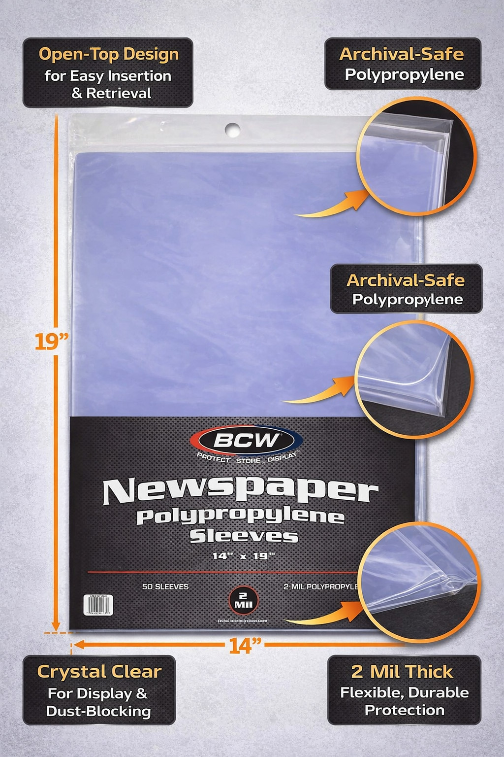 BCW Newspaper Sleeves 14×19 Archival Poly Bags for Prints 50 Pack
