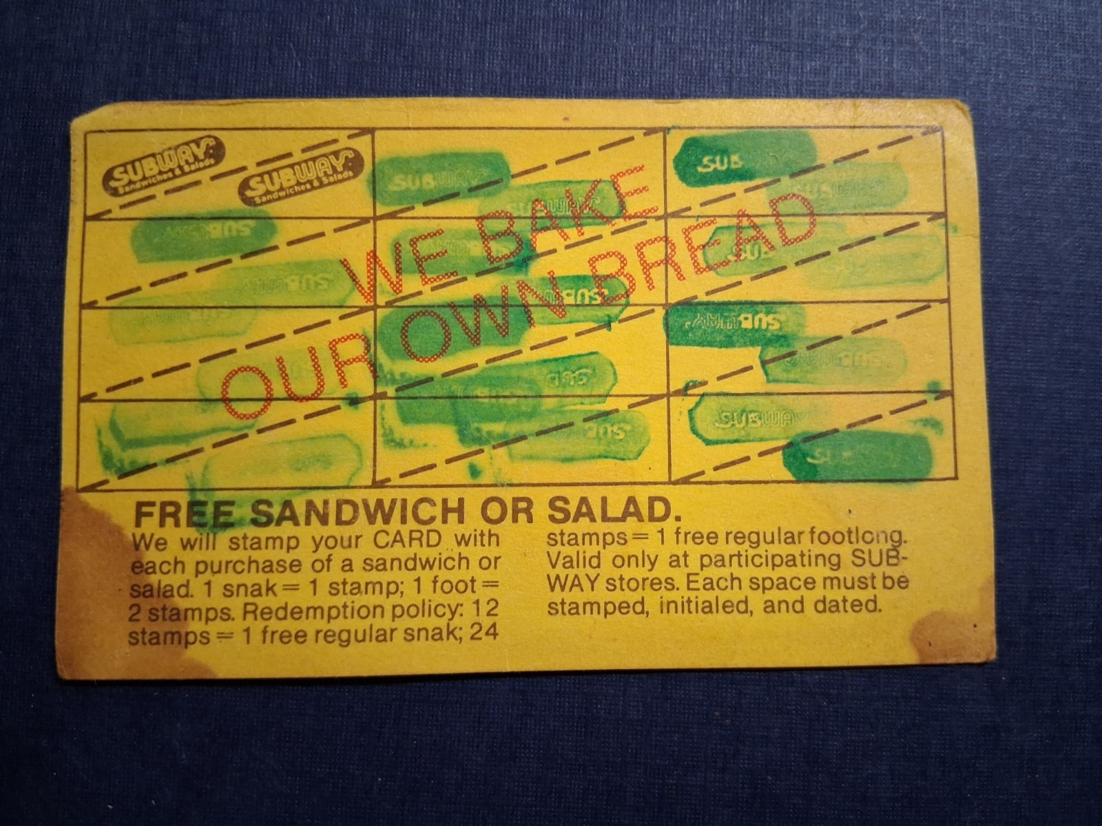 Vintage 1980s Subway Club Sub Club Card with all the stamps