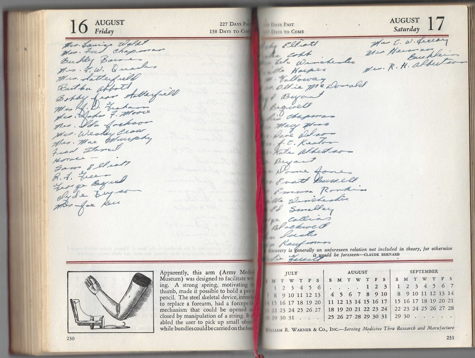 1946 WARNER’S CALENDAR OF MEDICAL HISTORY For The Use Of The Medical Profession