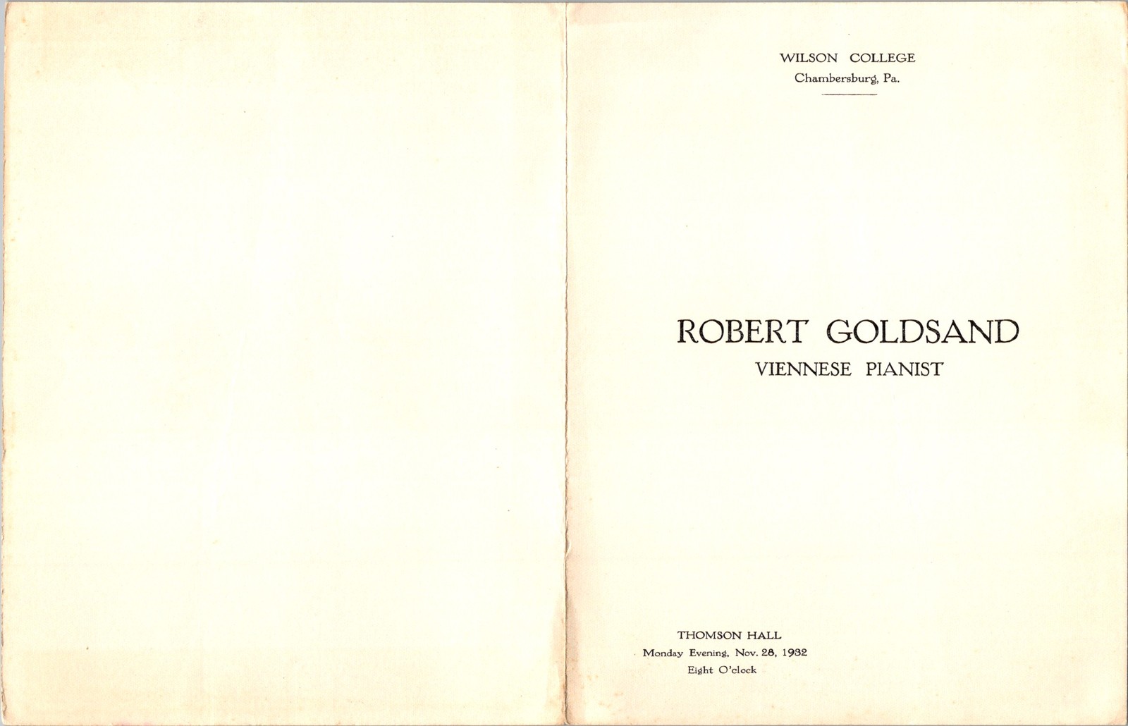 1932 Robert Goldsand Piano Recital Program Thomson Hall Wilson College PA