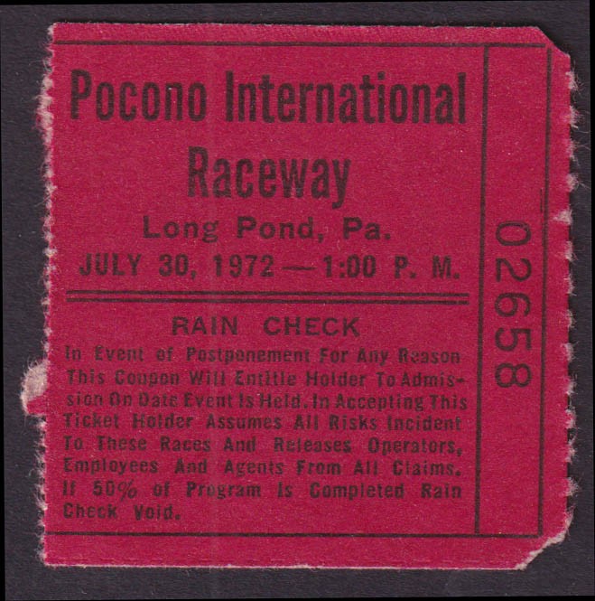 Pocono International Raceway Long Pond PA tcket stub 7/30 1972 Pocono 500