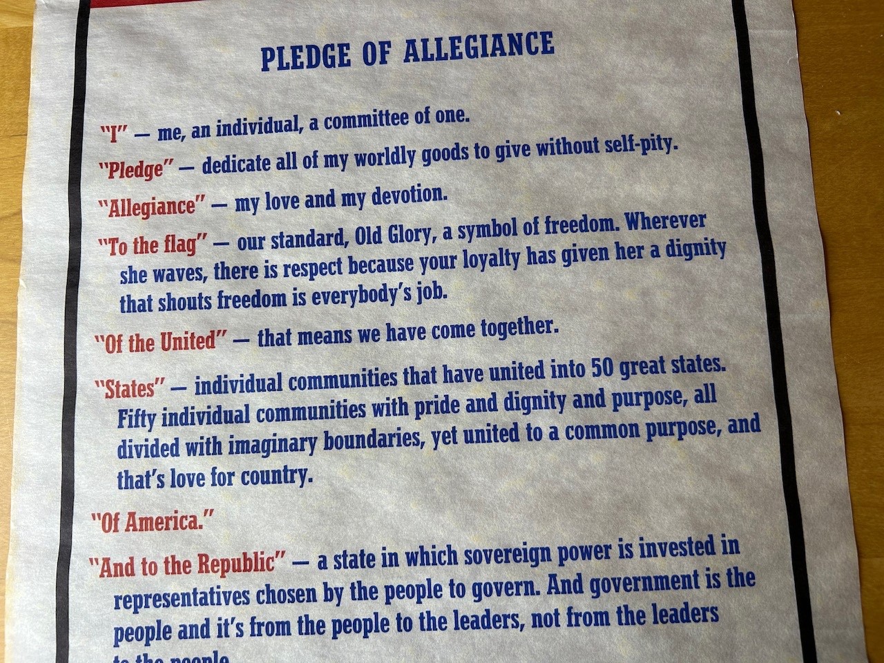 Vintage Pledge of Allegiance Scroll with Red, White, & Blue Storage Tube