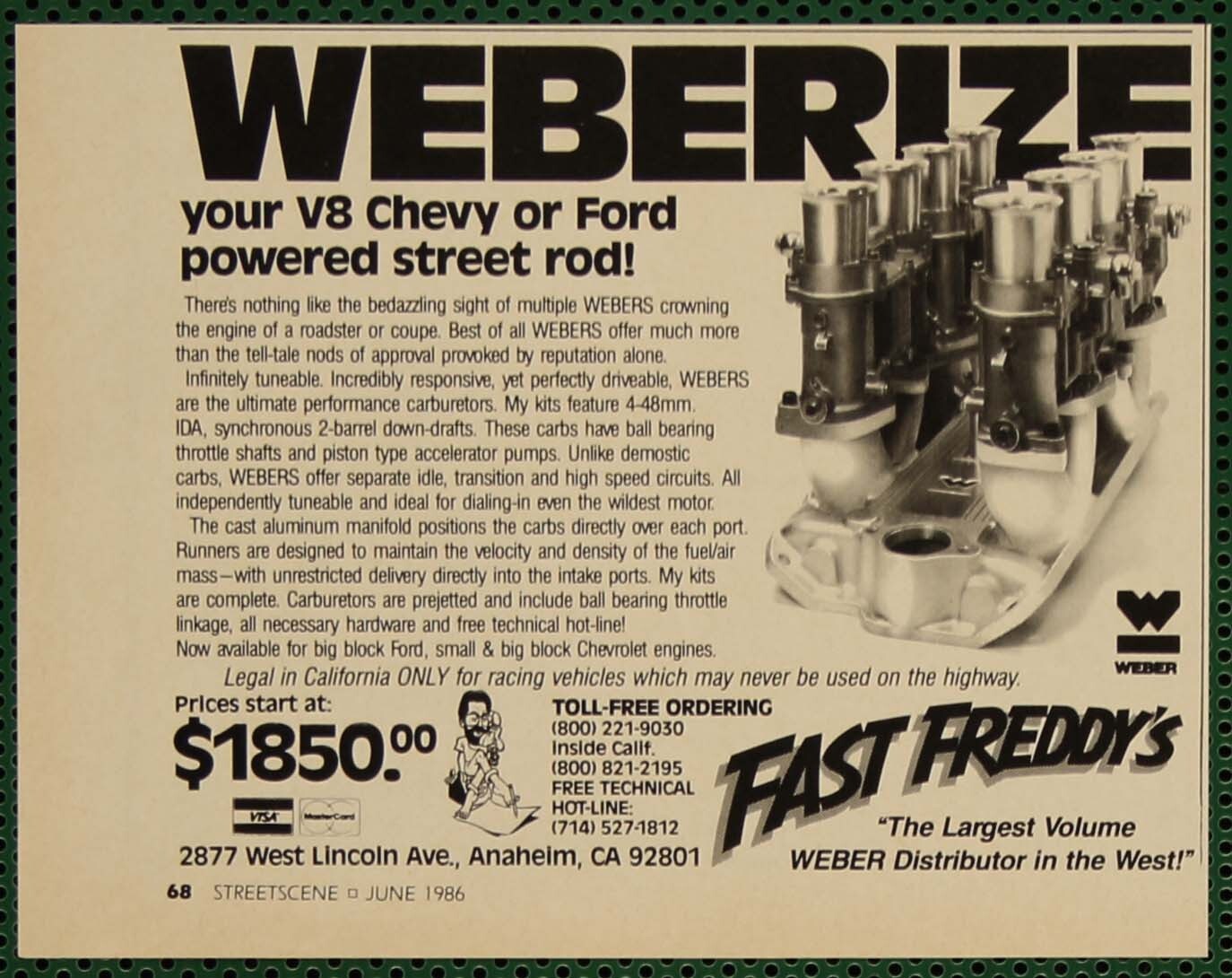 Fast Freddy’s Weber Carburetors Ford Chevy Anaheim Vintage Print Ad 1986