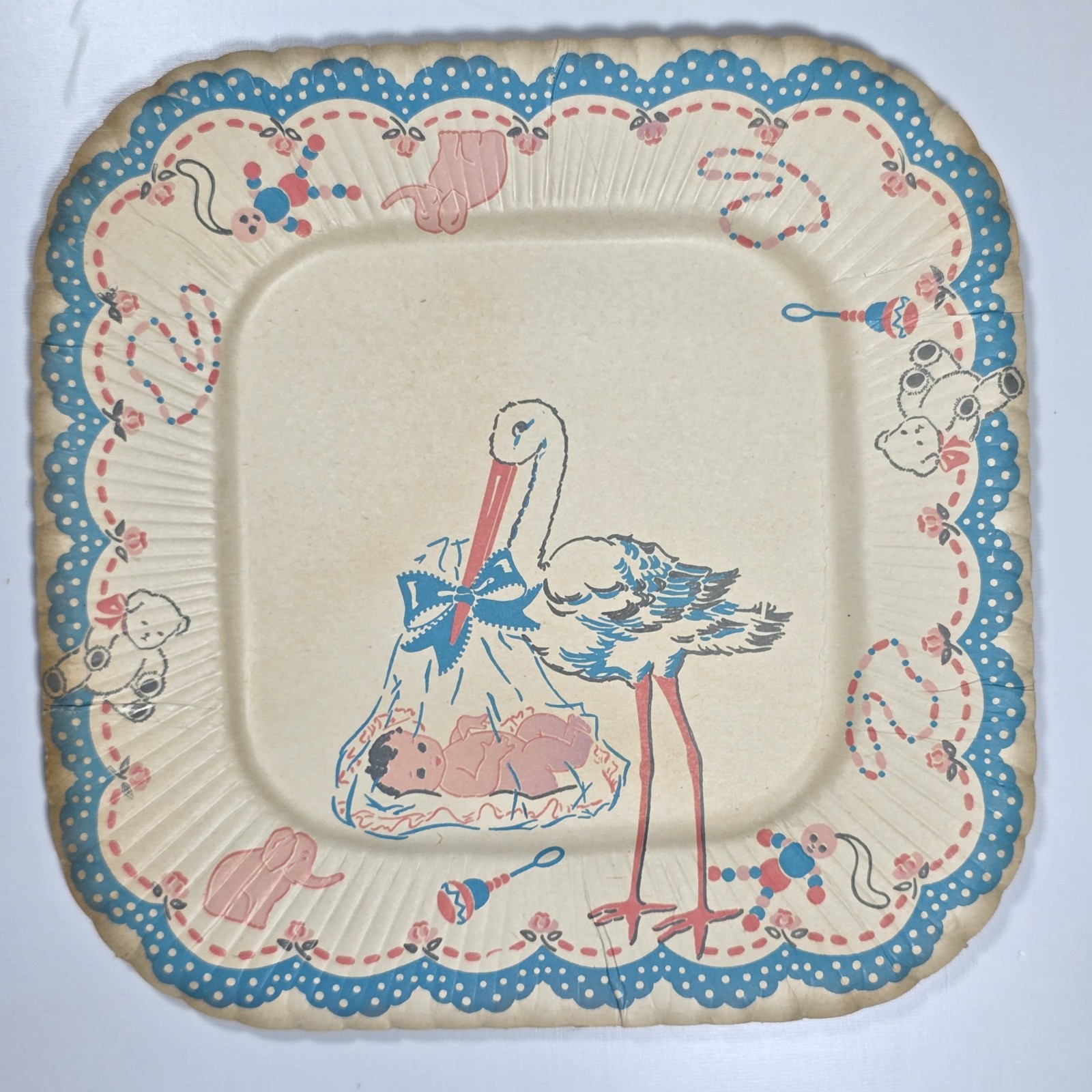 1940’s-1950’s Vintage Reed’s Stork Baby Shower 9″ Paper Party Plates 7 Unused