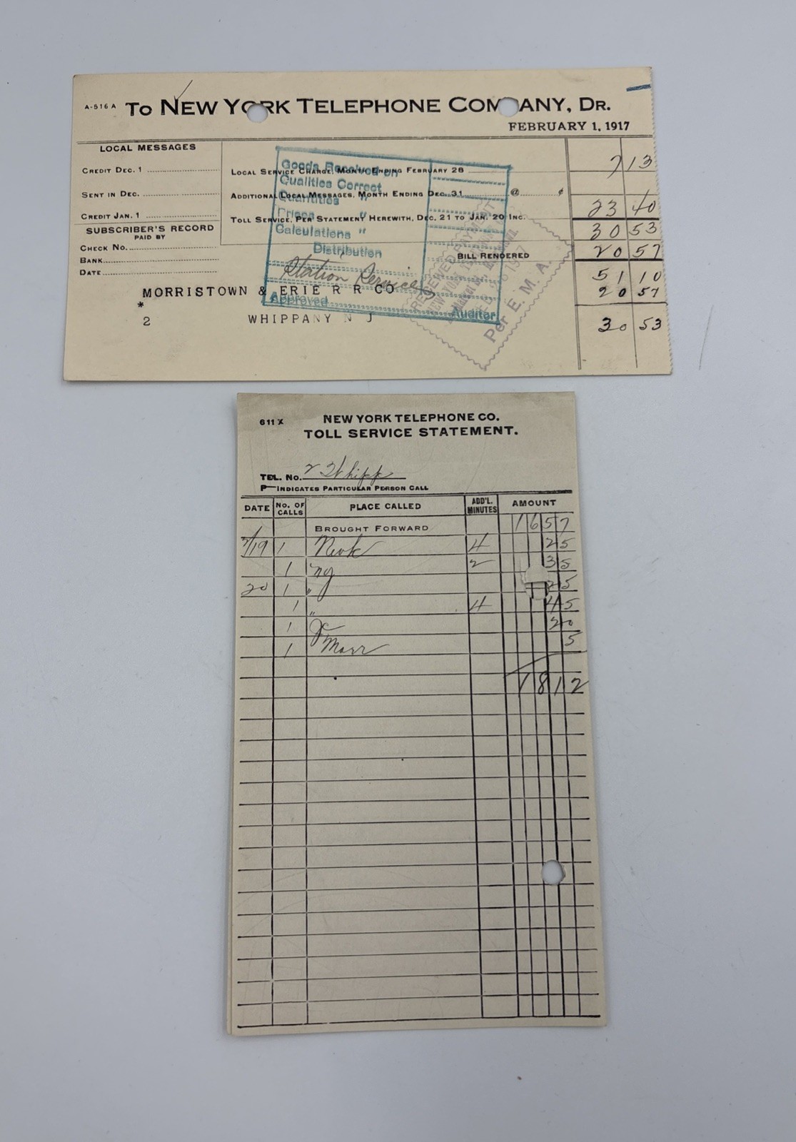 1917 New York Telephone Bill Morristown & Erie Railroad NJ Receipt And Statement