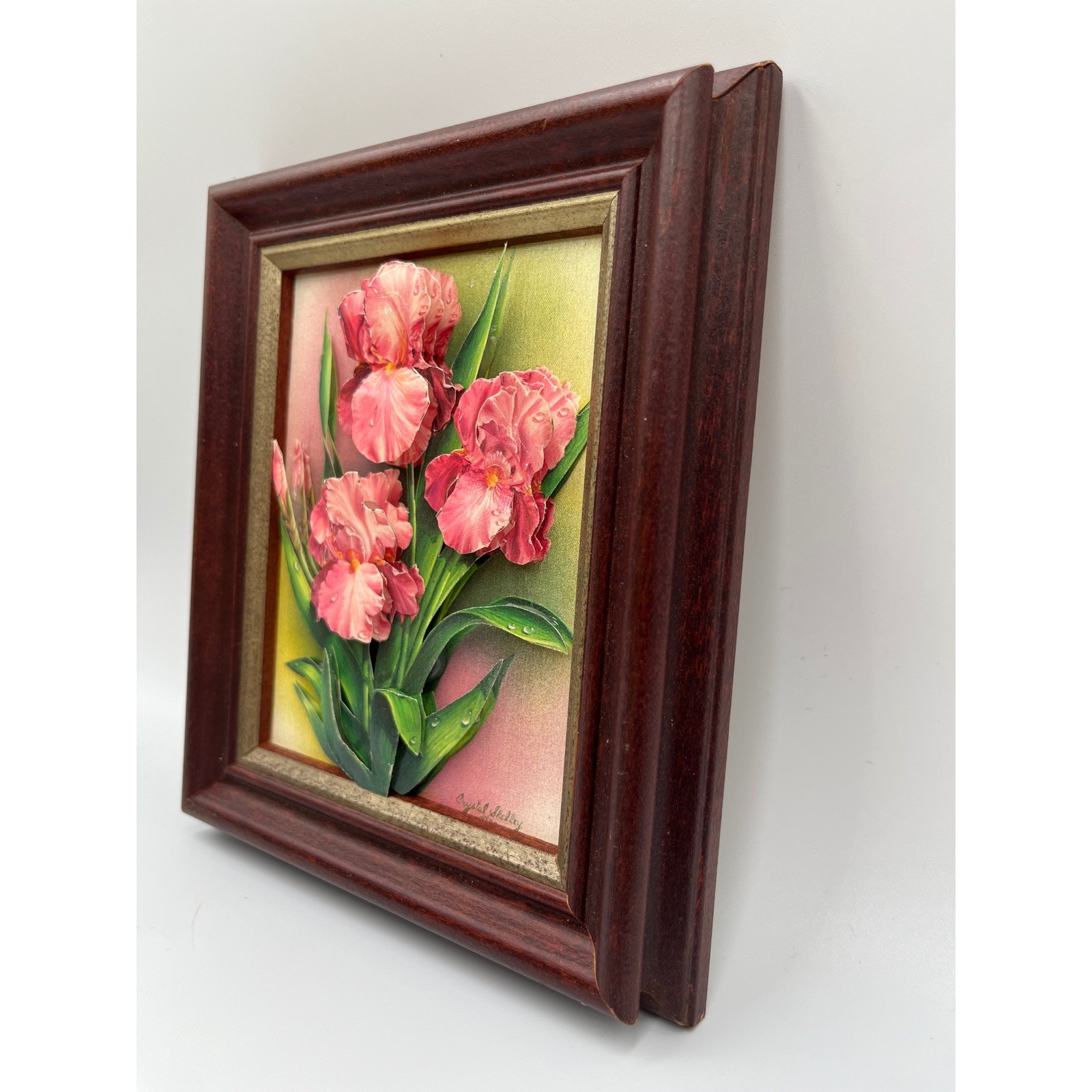 Rare Handmade 3D layered Paper Art 1989 “Pink IRIS” Signed By Crystal Skelley