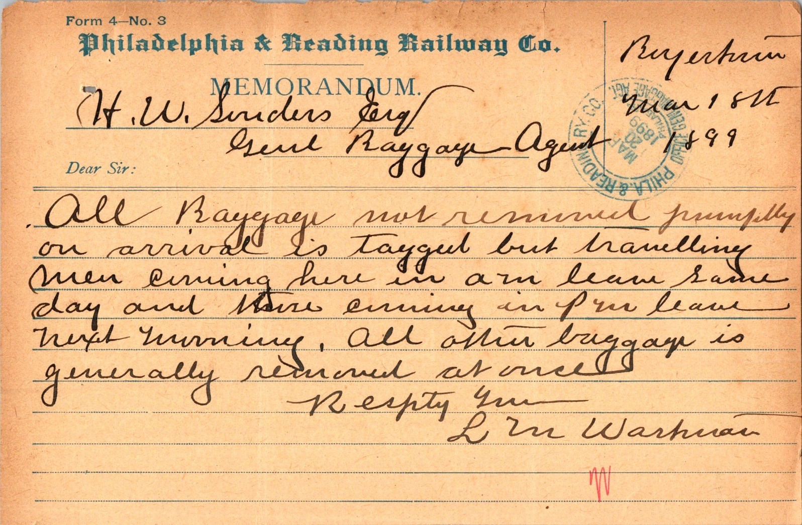 Philadelphia & Reading Railway Memo 1899 Baggage Handling Royerstown Form 4