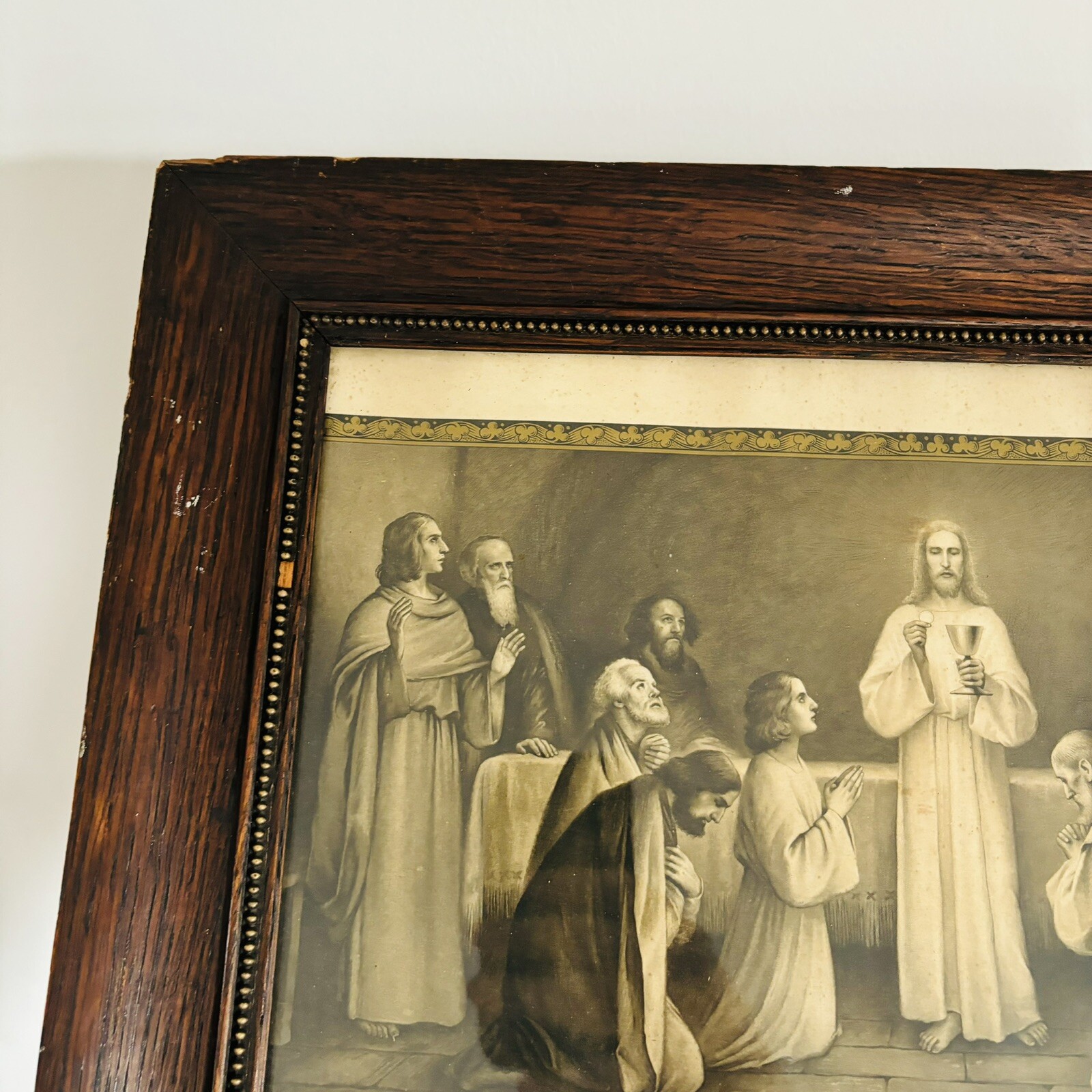 Antique 1900s 1911 First Holy Communion Certificate Quarter Sawn Wood Frame Vtg