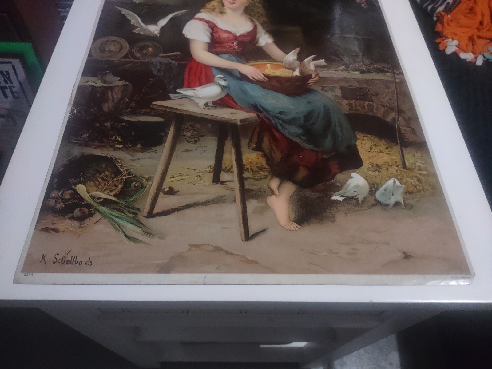 VINTAGE LATE 1800’S CHROMOLITHOGRAPH PRINT K. SCHELLBACH CINDERELLA BIRDS