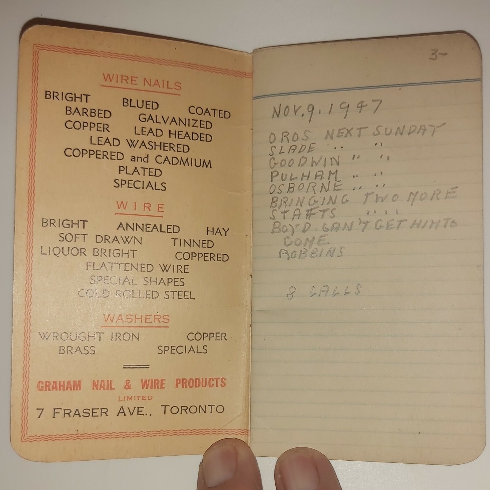 RARE(TORONTO) 1947 “GRAHAM NAILS -KEG WITH THE RED END” LINED PAGE NOTEBOOK-VG