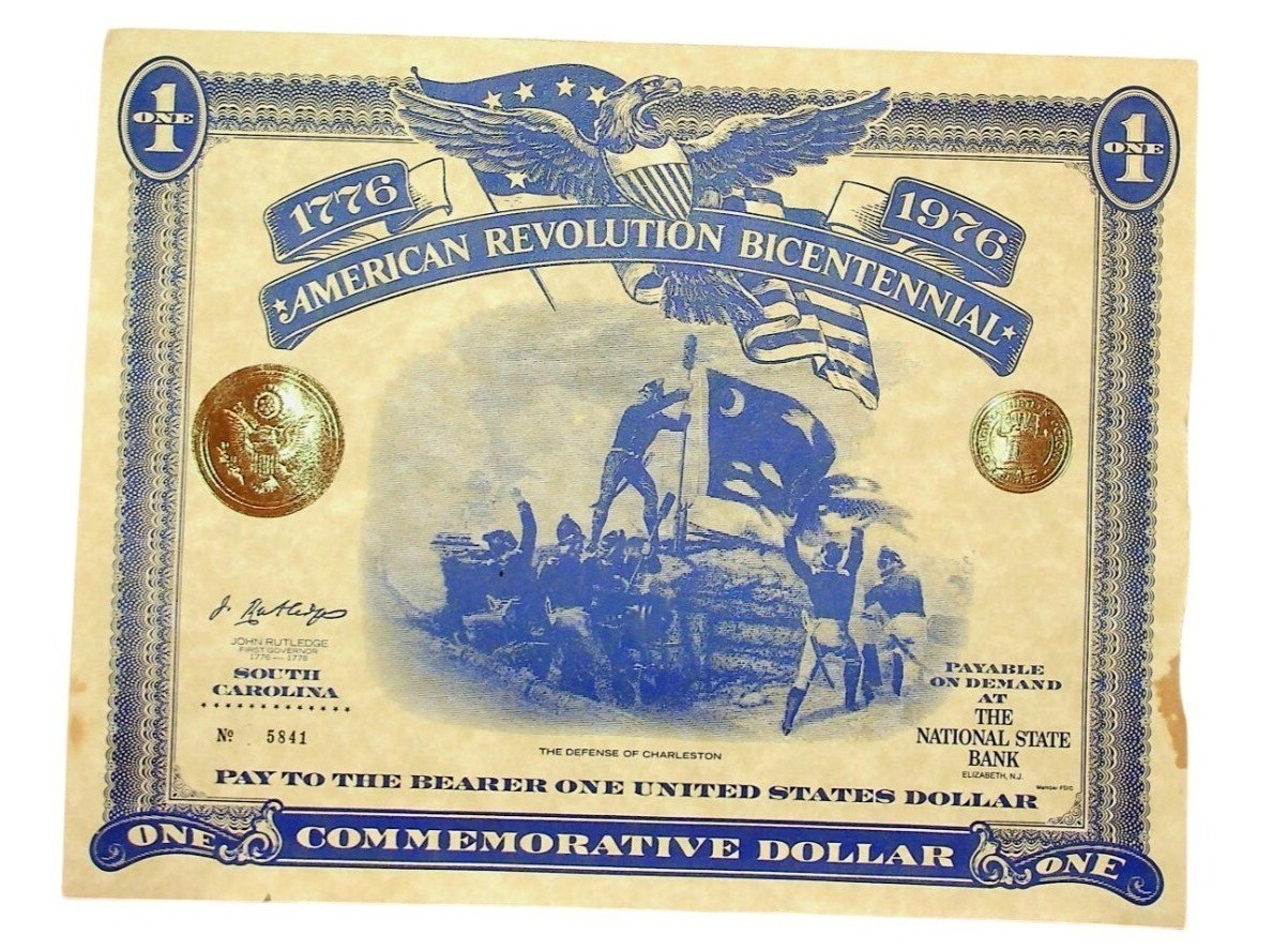2-1776 American Revolution Bicentennial One Dollar Commemorative Note Blue/Gold