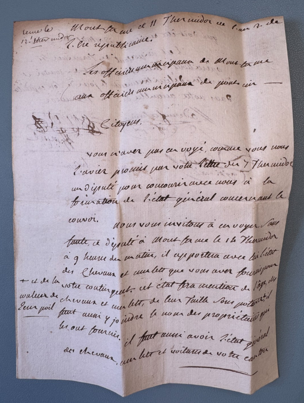 Lettre Revolution 11 Thermidor An II Montferme Pont d’Ain Chevaux 1794