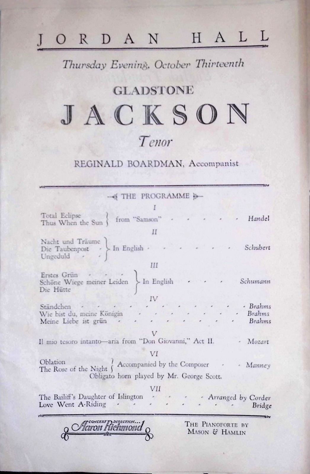 Classical Concert Program c1910 Brahms Mozart Manney Letterpress German