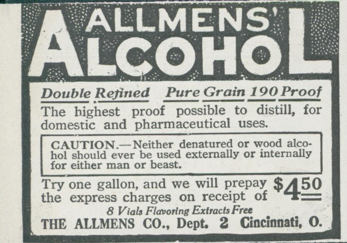 1914 Allmens Alcohol Distill Domestic Pharmaceutical Use Vtg Print Ad CO3