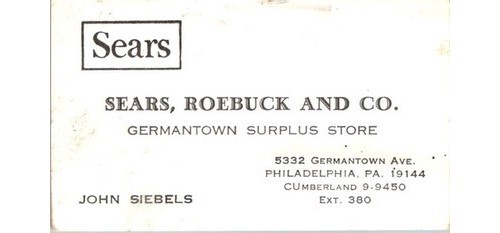 Sears Roebuck Germantown PA Business Card 1960s Surplus Store Employee