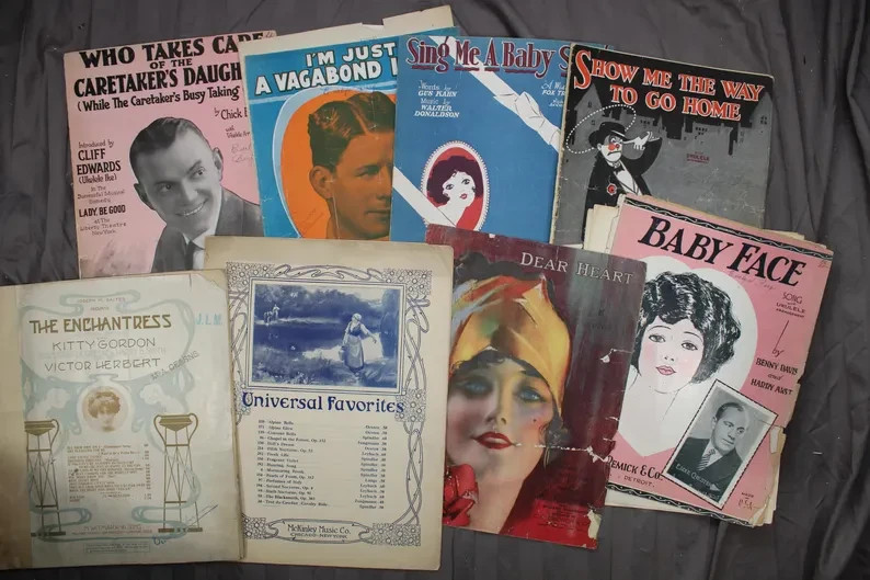 Vintage 1920s-1930s Sheet Music Lot + Handwritten Pages – Poor Condition
